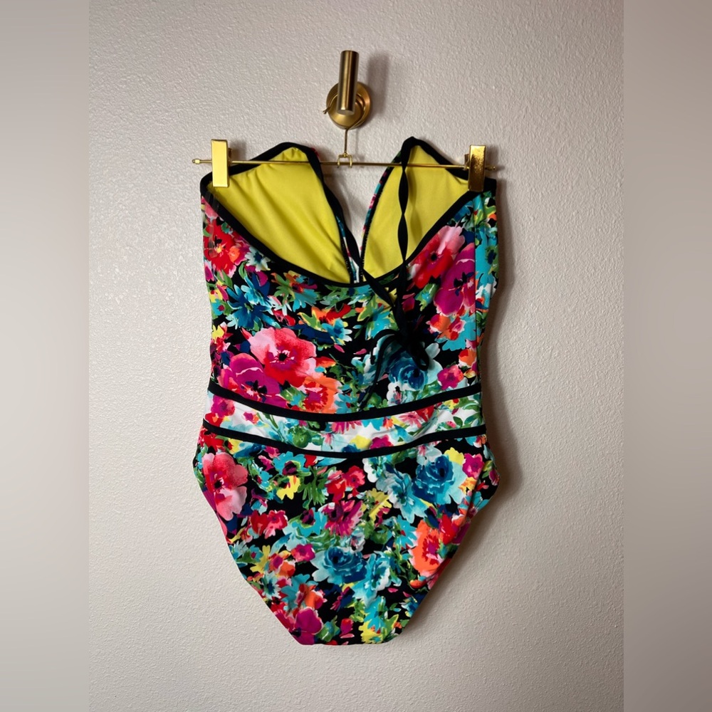 Bleu Rod Beattie NWT Deep Plunge Halter Floral One Piece Swimsuit Size 10 - Picture 3 of 10